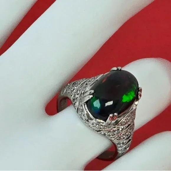 925 Sterling Silver Ring SZ 6.5 with Natural Black Opal & Cz